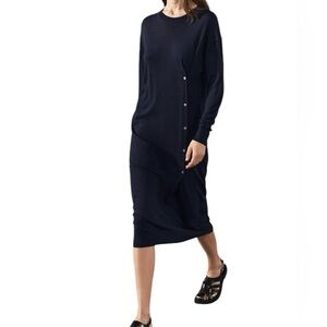 Zara NWT Navy Blue Oversized Wool Blend MIDI Knit Dress Side Buttons Medium